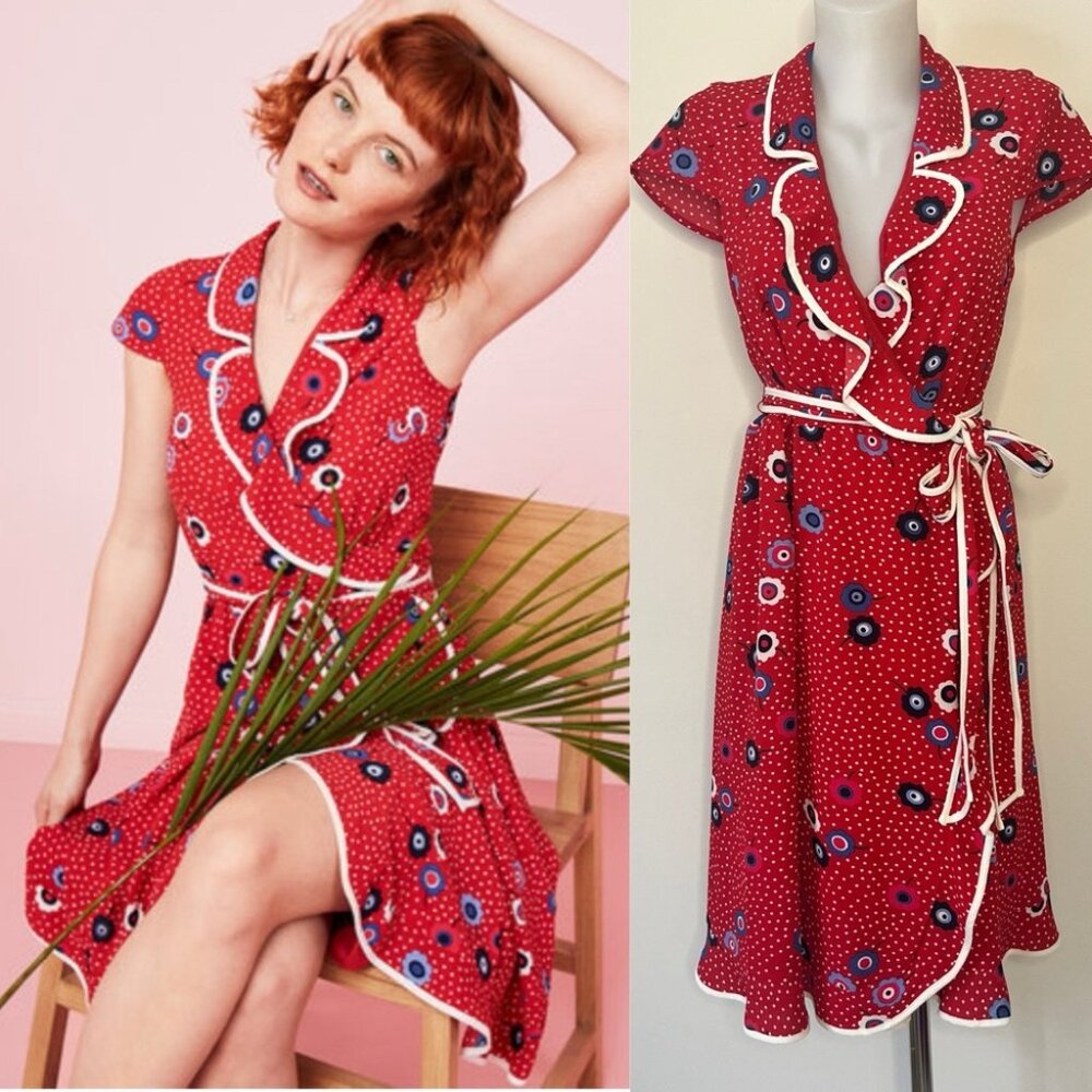 Modcloth Dress Floral Dotted Daytime Dapper True Wrap Tie Ruffle Red White Sz L